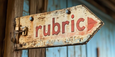 A Rustic Wooden Arrow Sign with the Word 'Rubric' Set Against a Background of Weathered Wood and Subtle Blue Tones Capturing Vintage Aesthetics