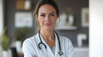 Strong and determined female doctor confidently poses in a modern medical office during daytime while wearing a lab coat and stethoscope