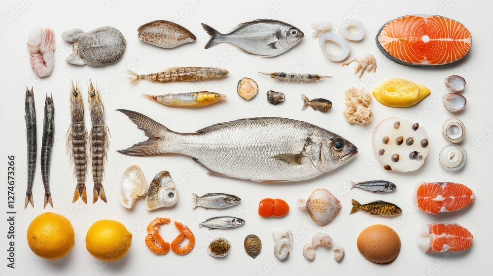 Poster assorted fresh seafood displayed aesthetically with lemons and various shellfish on white background