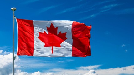 Canada flag waving against blue sky background 