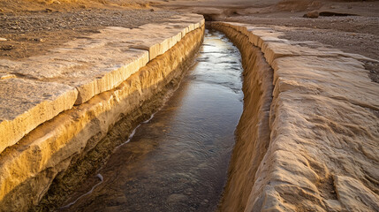 An ancient water channel carved into the sandstone, showing advanced Nabatean engineering