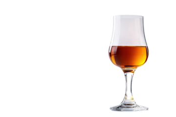 A shimmering glass of amber liquid capturing elegance in a minimalist setting isolated on transparent background