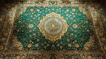 Fototapeta premium Green ornate rug, intricate detail, floor, Persian design, home decor