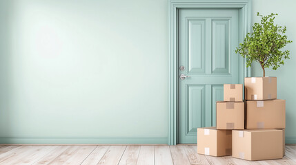 Cardboard boxes and plant near the door against empty light green wall. Interior design, relocation, and home moving concept