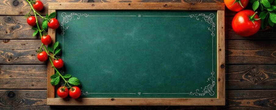 Chalkboard with colorful menu items on a rustic wooden background, dining, food, kitchen
