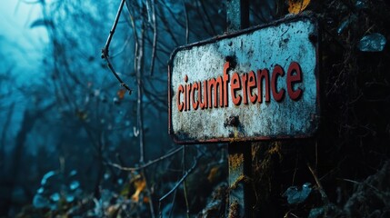A weathered metal sign with the word "circumference" stands prominently amidst dense, foggy foliage in an atmospheric woodland setting