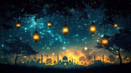 Night scene Ramadan lanterns illuminate a mosque under a starry sky; ideal for greeting cards