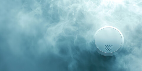 Wall mounted smoke detector surrounded by smoke from flames. Smoke detector and fire alarm in action.