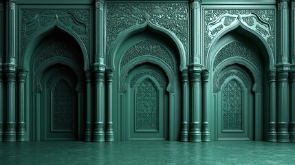 Emerald Green Mosque Arches, Intricate Detail, Islamic Architecture, Background Design, Religious
