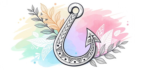 Naklejka premium Geometric Fish Hook Tattoo Design with Tribal Patterns and Pastel Watercolor Floral Background
