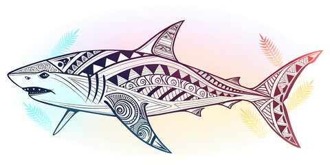 Obraz premium Geometric Shark Tattoo Design with Tribal Patterns and Colorful Feather Accents