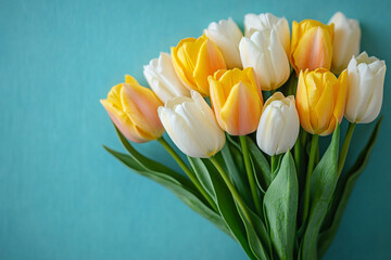 A vibrant tulip bouquet in yellow and white against a soft turquoise background, perfect for spring celebrations like Easter, Mother's Day, and birthdays.