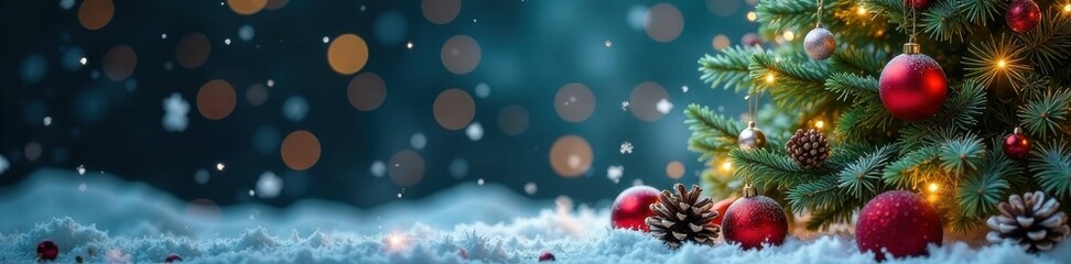 Christmas tree surrounded by snowflakes and pinecones, garlands, holiday decor