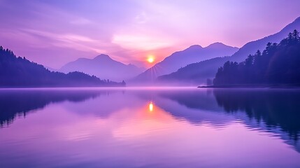 Fototapeta premium Serene Sunrise Over Misty Mountain Lake