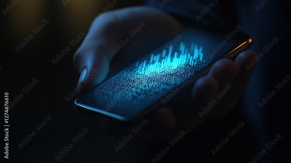 Poster close up of businessman's hands holding a smartphone displaying an encrypted data stream and growth 