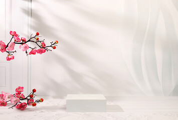 Abstract spring flower arrangement with cherry blossom branches and empty wooden podium,elegant...