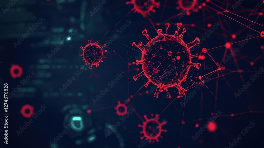 Poster coronavirus particles connecting through network lines on blurred programming code background repres