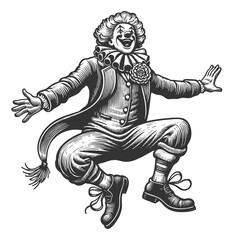 Fototapeta premium clown in mid-jump, wearing a classic costume with ruffles, buttons, and exaggerated shoes sketch engraving generative ai vector illustration. Scratch board imitation. Black and white image.