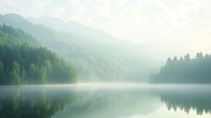Fototapeta premium Serene Mountain Lake Mist Shrouded Trees
