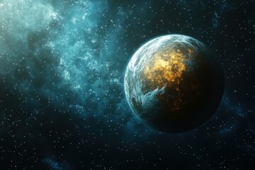 Obraz premium Vibrant cosmic planet illuminated by distant stars in the depths of space