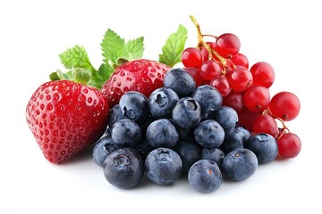 Fresh berries on a white background. Strawberry, blueberry, currant. Healthy lifestyle and nutrition.