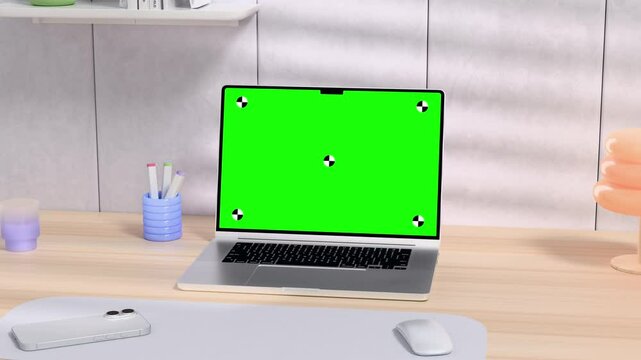 3d render of laptop camera rotate out moving a lighting work room with green screen with marks for tracking
