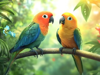 Obraz premium A pair of parakeets on a branch in the jungle