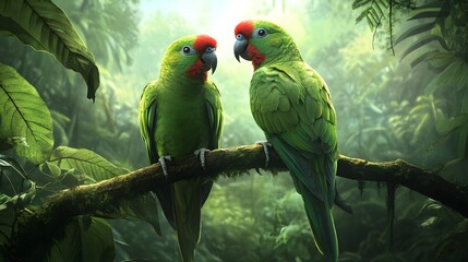 Obraz premium A pair of parakeets on a branch in the jungle