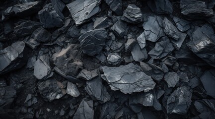 Dark textured rocks piled together for construction or decorative use. Mountain backdrop