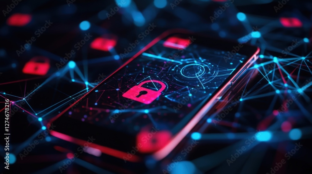 Poster mobile phone displaying glowing padlock icon surrounded by network of interconnected nodes, represen