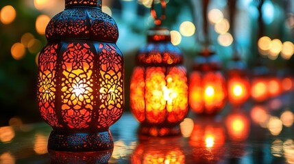 Fototapeta premium Illuminated lanterns at night, festive outdoor setting, warm glow, bokeh background; ideal for holidays