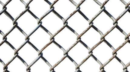 Rusty chain link fence pattern creating visual barrier, symbolizing security, protection, barrier concept on transparent backdrop