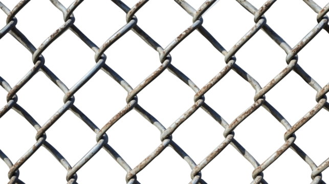 Rusty chain link fence pattern creating visual barrier, symbolizing security, protection, barrier concept on transparent backdrop