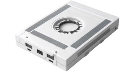 White audio cassette tape isolated on transparent background, representing vintage music technology and nostalgic memories