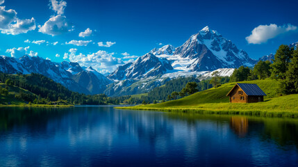 A small cabin sits on the shore of a lake in front of a mountain range