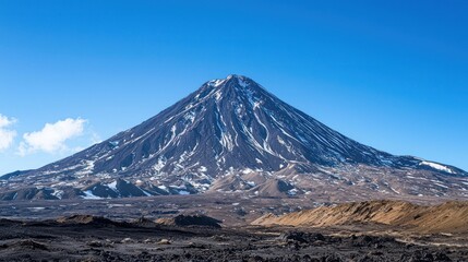 A stunning mountain peak rises majestically against a clear blue sky, surrounded by rugged terrain and patches of snow.