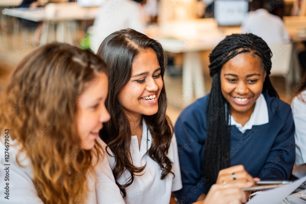 Aufkleber group of young women smiling and collaborating in a classroom setting. diverse students engaged in t