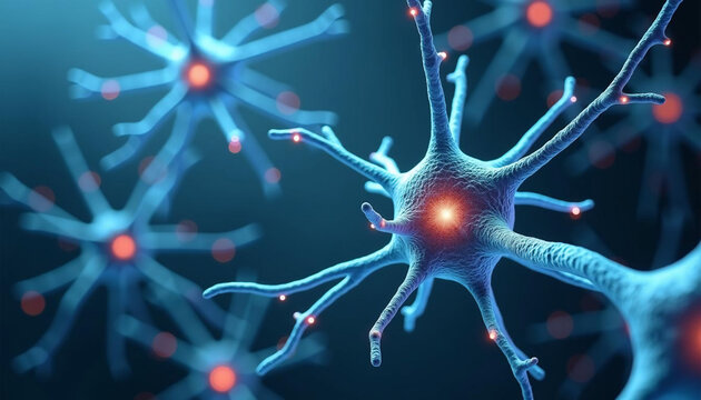 Close-up de c&eacute;lulas neuronales con sinapsis brillantes en tonos azules para ilustraci&oacute;n cient&iacute;fica e investigaci&oacute;n, espacio para texto
