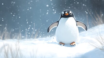 Fototapeta premium A penguin waddling happily through the snow