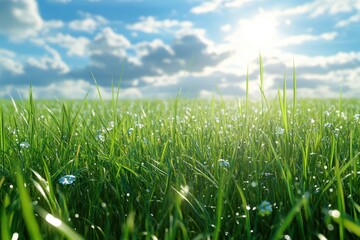 Obraz premium Bright sunlight illuminates a lush green field on a clear day in the countryside