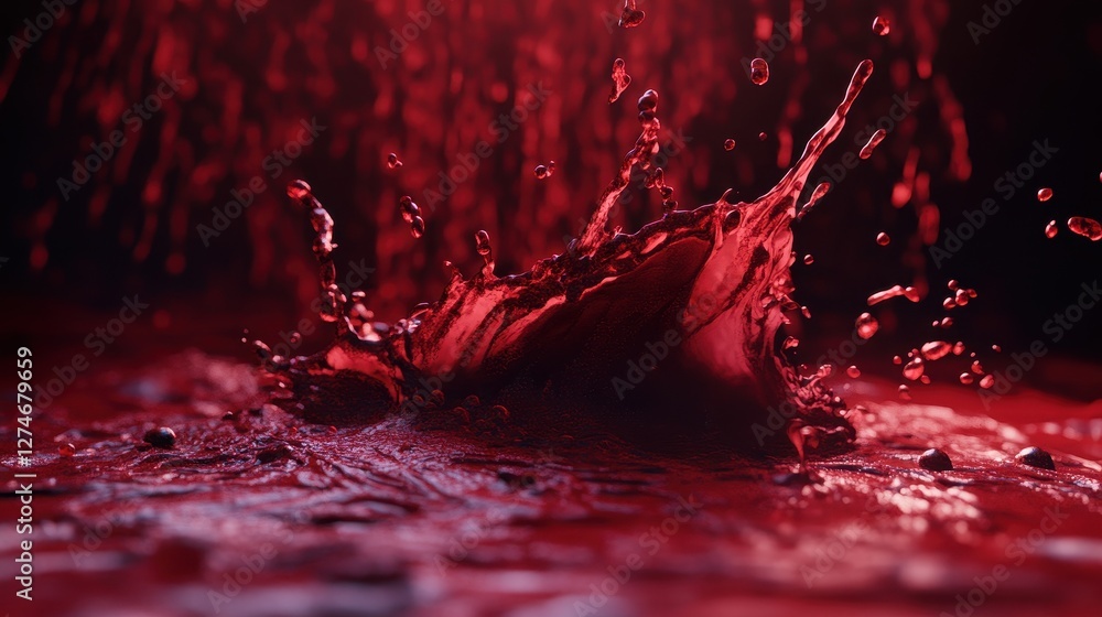 Poster red liquid splashing in dramatic midair against dark background with dynamic motion