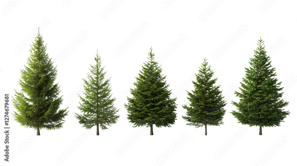 Poster five fir trees with lush green needles and sturdy trunks, isolated on a transparent background, offe