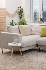 Feng shui. Stylish room with comfortable couch, table and houseplants