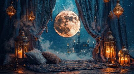 Moonlit night, Arabian palace view from ornate room