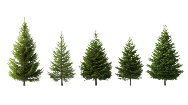 Five fir trees with lush green needles and sturdy trunks, isolated on a transparent background, offering a versatile design element