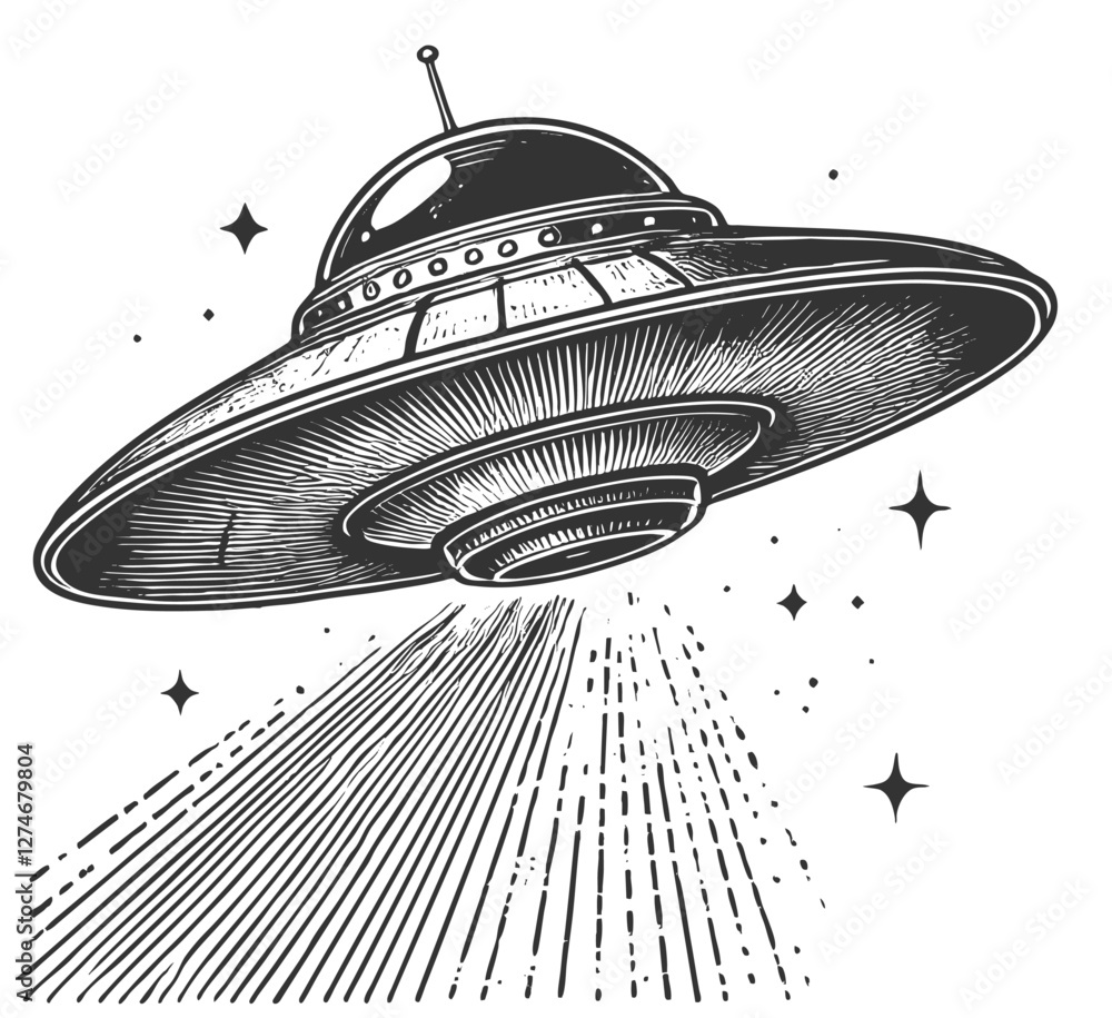Poster ufo flying saucer emitting a powerful beam of light, blending retro sci-fi with a mysterious extrate