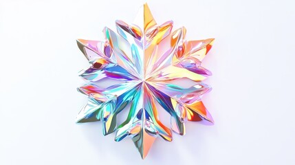 Iridescent geometric snowflake shaped crystal with rainbow reflection on white background