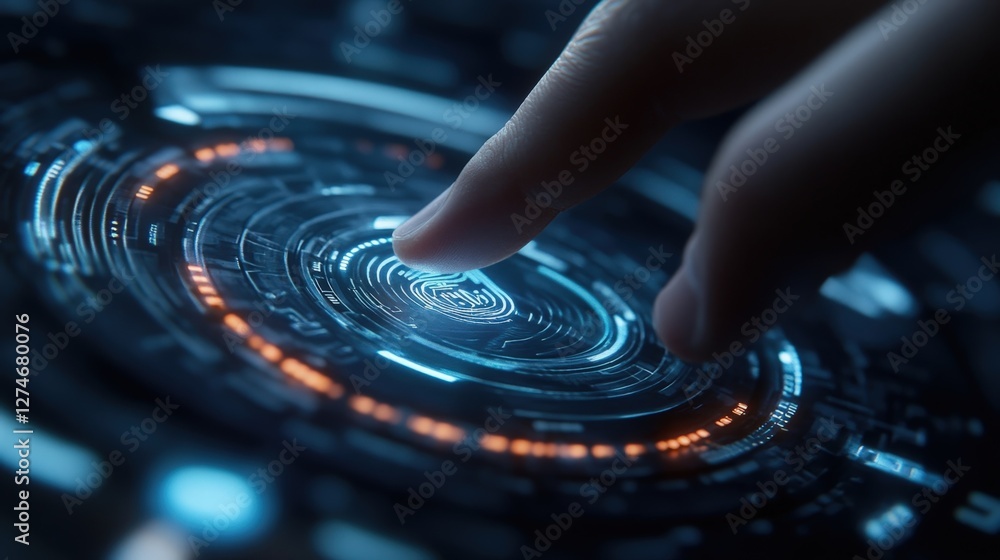 Poster finger activating a futuristic digital fingerprint lock button on a high tech interface, enhancing c