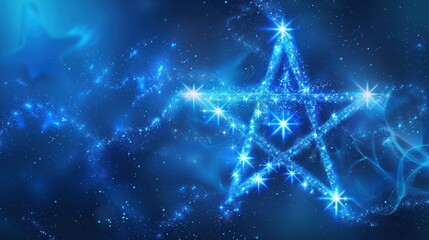 A luminous blue star shines brightly in a dark cosmic landscape filled with swirling energy and sparkling lights, creating a mesmerizing night sky effect