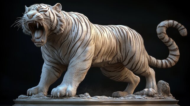 Majestic roaring tiger statue captures fierce strength against dark background